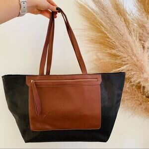 NORDSTROM Black Vinyl Brown Faux Leather Pocket Tote Purse Carryall Bag Laptop